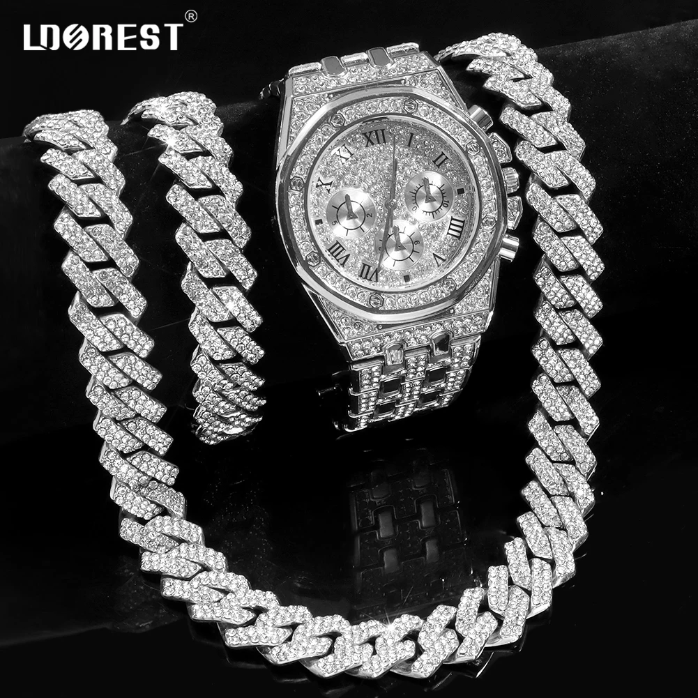 Collana da 14MM + orologio + bracciale Iced Out orologi per uomo collana a catena cubana con strass a 2 file Set donna uomo gioielli Hiphop regalo