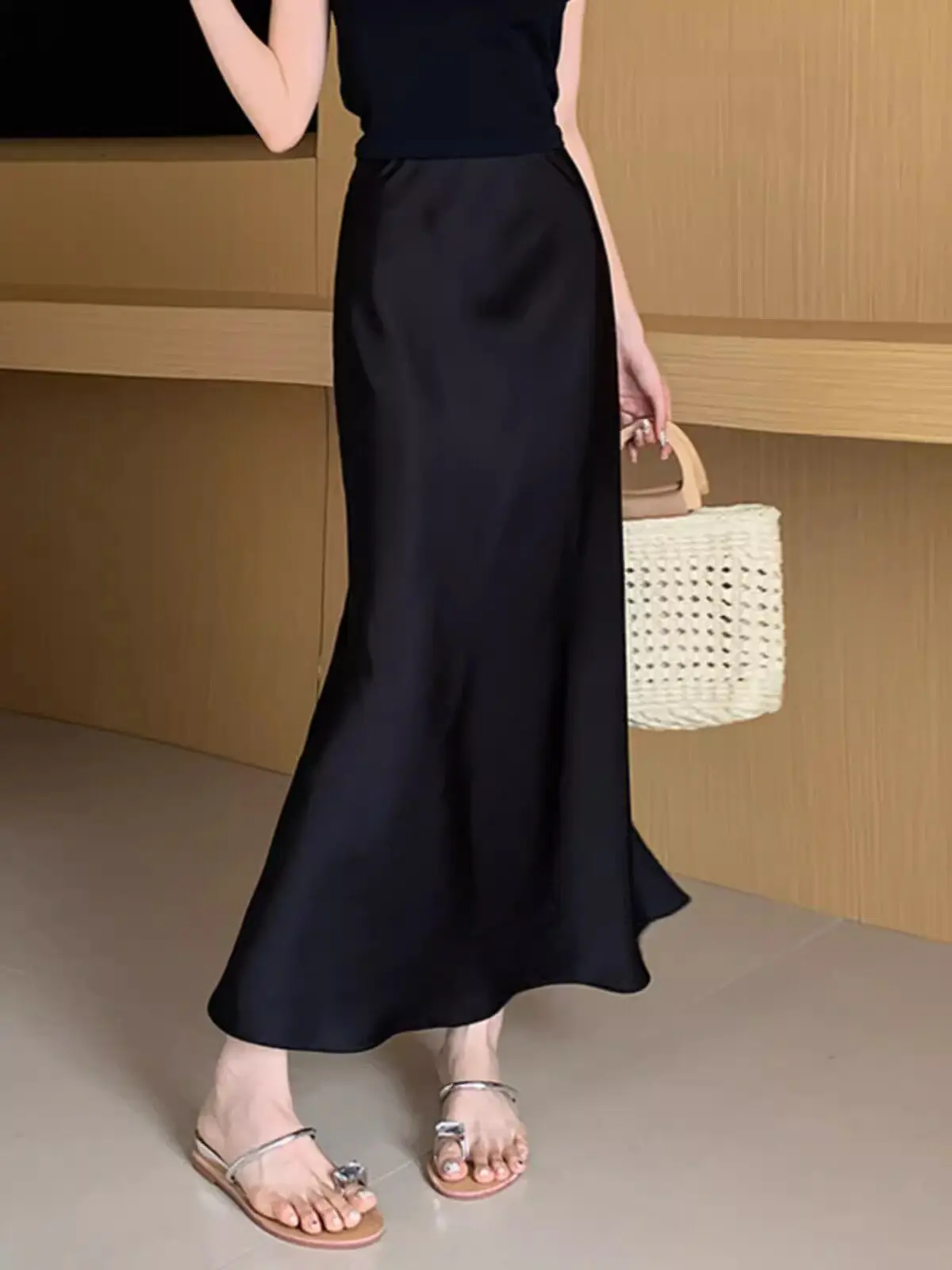 Design Sensation High Waist Fish Tail Half Skirt Women's Satin Slimming Wrap Summer Casual City Commute A-Line Skirt