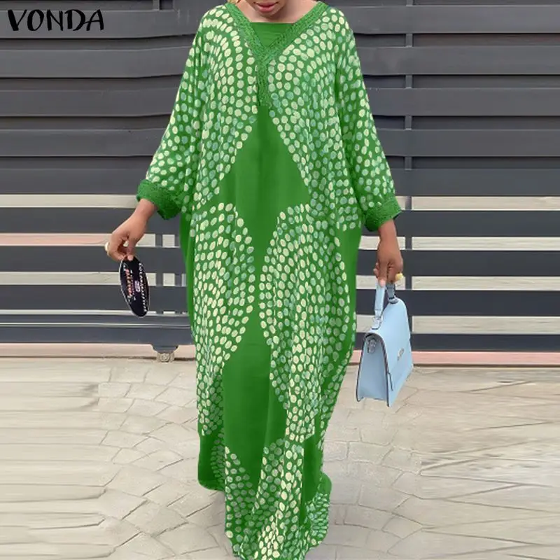 

VONDA Plus Size Bohemian Dress Women Vintage Fashion 3/4 Sleeve Casual Print Patchwork Maxi Long Vestido Oversize Party Robe 5XL