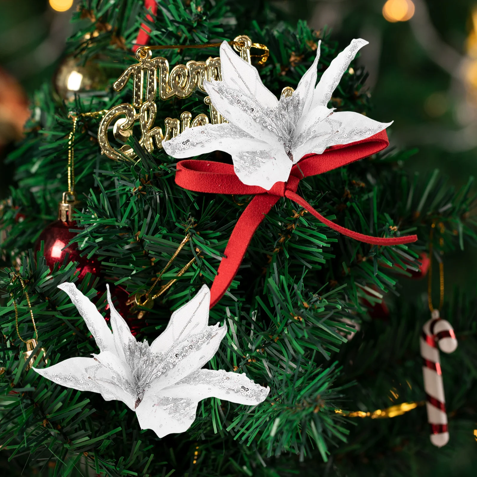 

6pcs Christmas Decoration Flowers Silver Artificial Poinsettia 22Cm Festive Glitter Bouquet For Indoor Outdoor Home Wedding