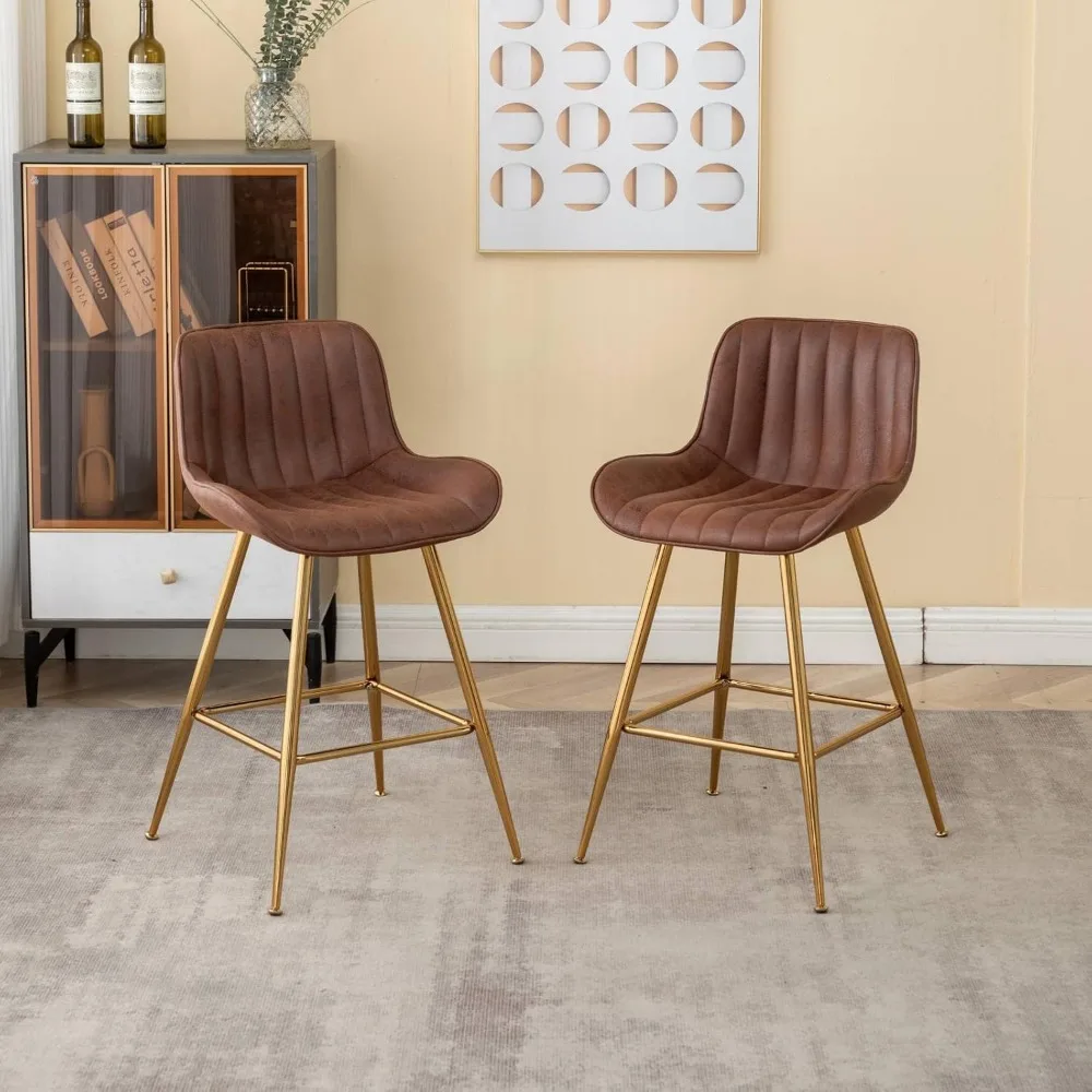 Bar Stools Set of 2 Brown with Back 24’’ Bar Stools with Solid Gold Legs Upholstered Counter Height Bar Kitchen Stools