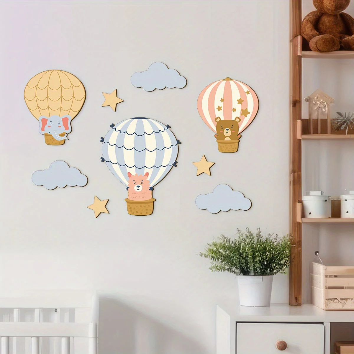 9pcs Cute Animal Hot Air Balloon Wooden Wall Decal, Bear Elephant Alpaca Wood Wall Plaque, Cloud Star Wooden Sign for Baby
