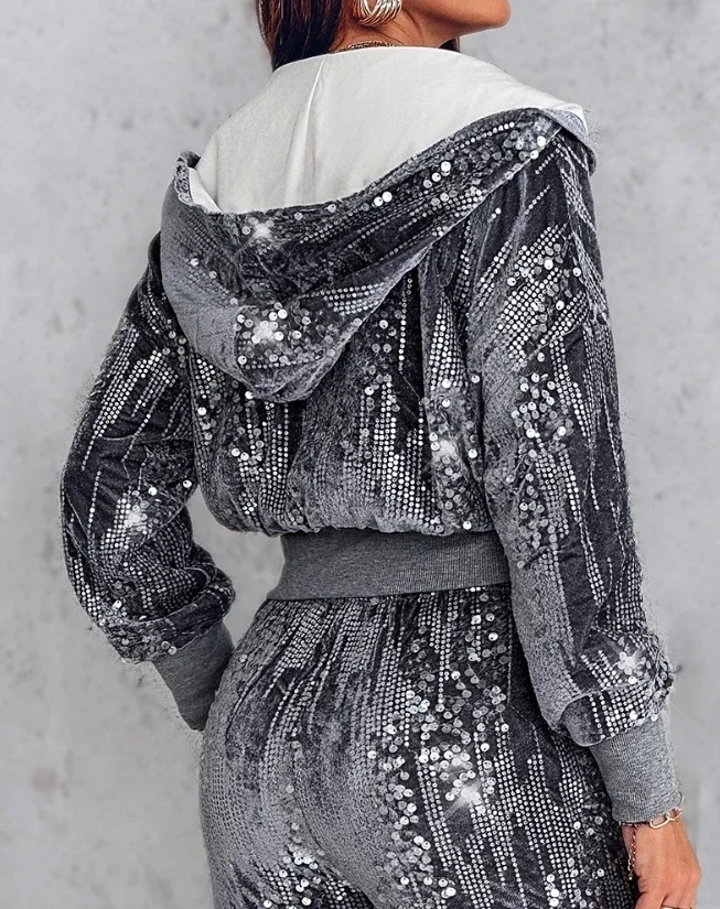 Fashion Sequin Jacket Women Clothing Hooded Y2k Casual Velvet Contrast Daily Long Sleeve Zip Up Coats for Female Streetwear