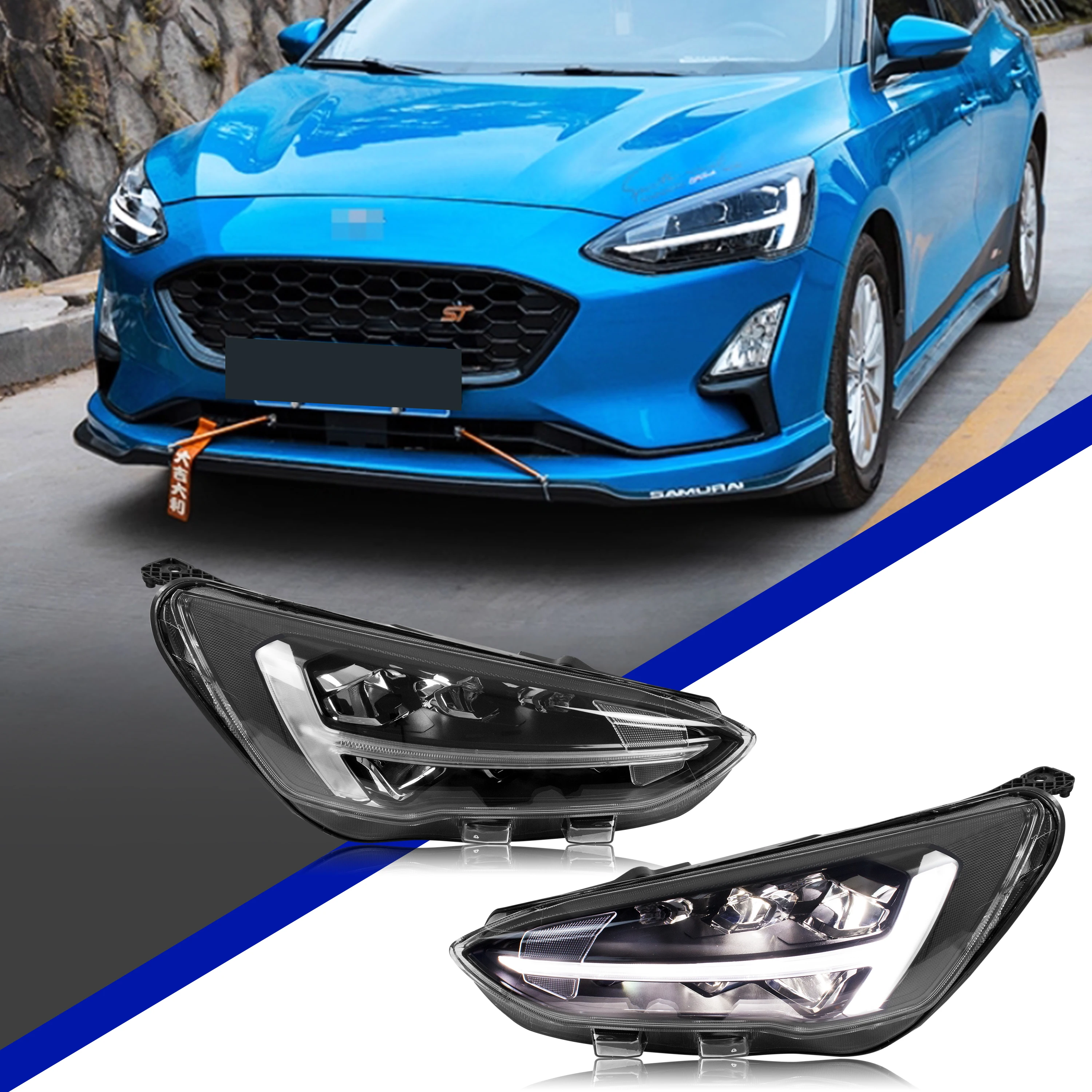 Phares LED pour Ford Focus 2019-2021 ST-Line DRL Projecteur Clignotant Séquentiel Paire de Lampes Avant Assemblées