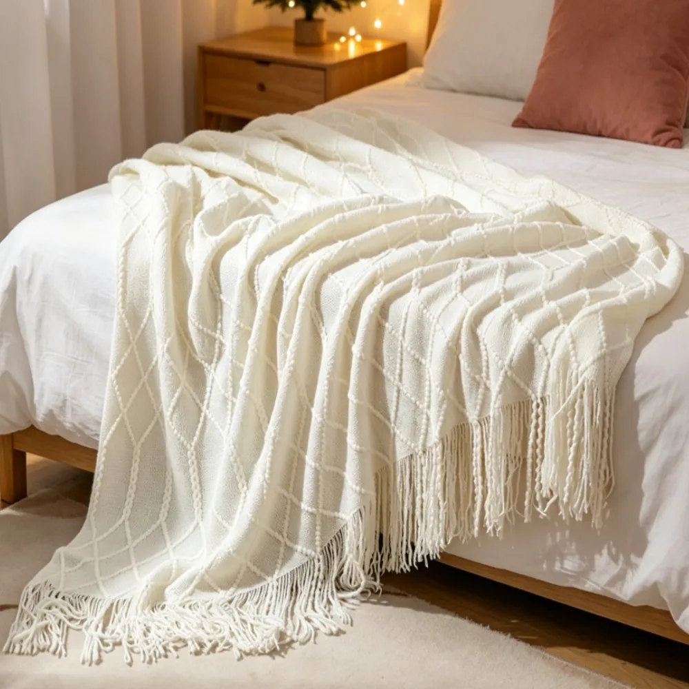 Nordic Style Cream White Knitted Blanket with Tassel - Decorative Throw for Bed Sofa Office Soft Nap Towel Plaid Christmas Gift