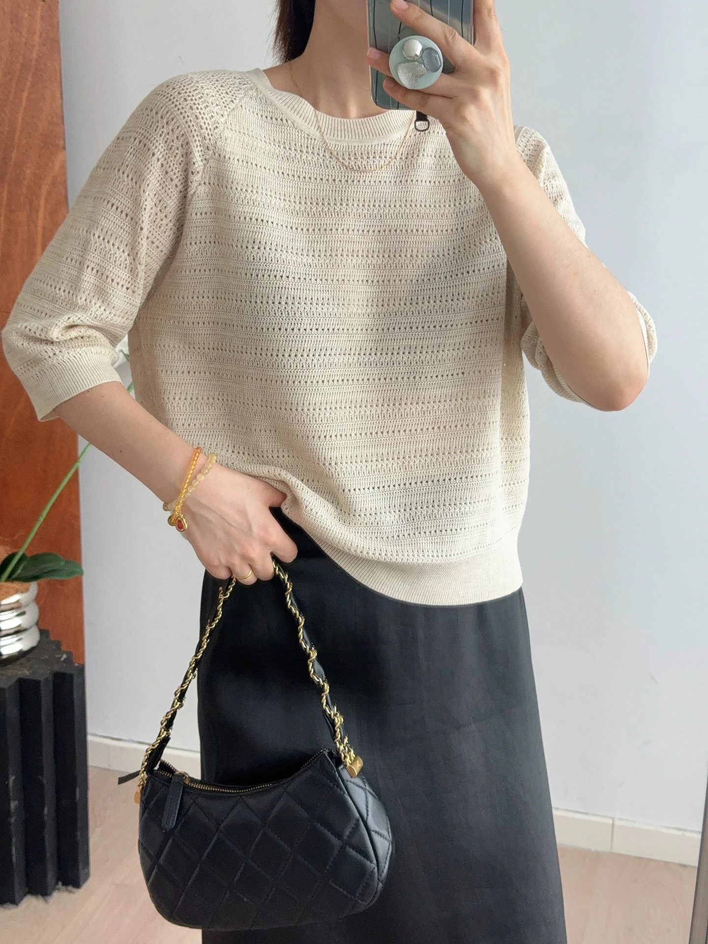 

Elegant Simple Hollow out Knit Top Women's Loose Short Sleeve T-Shirt in Beige Casual Slimming Hollow out Knitwear