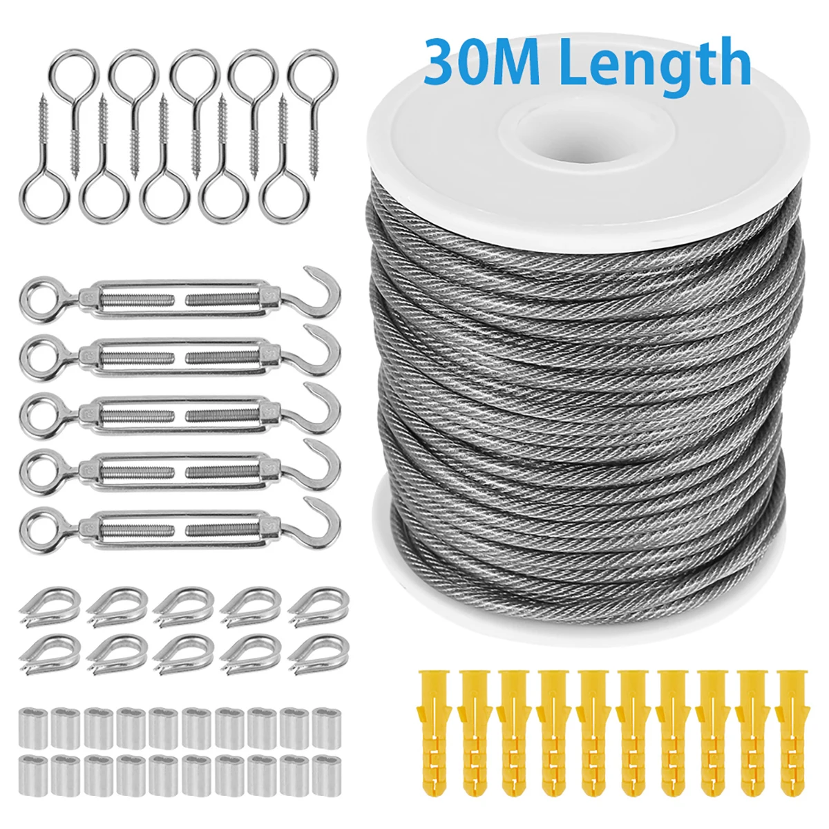 

30m x 2mm Wire Rope Wire Cable Rope Aircraft Cable Wire Rope with Cable Hooks Stainless Steel Turnbuckle Cord Hanging Kit Home