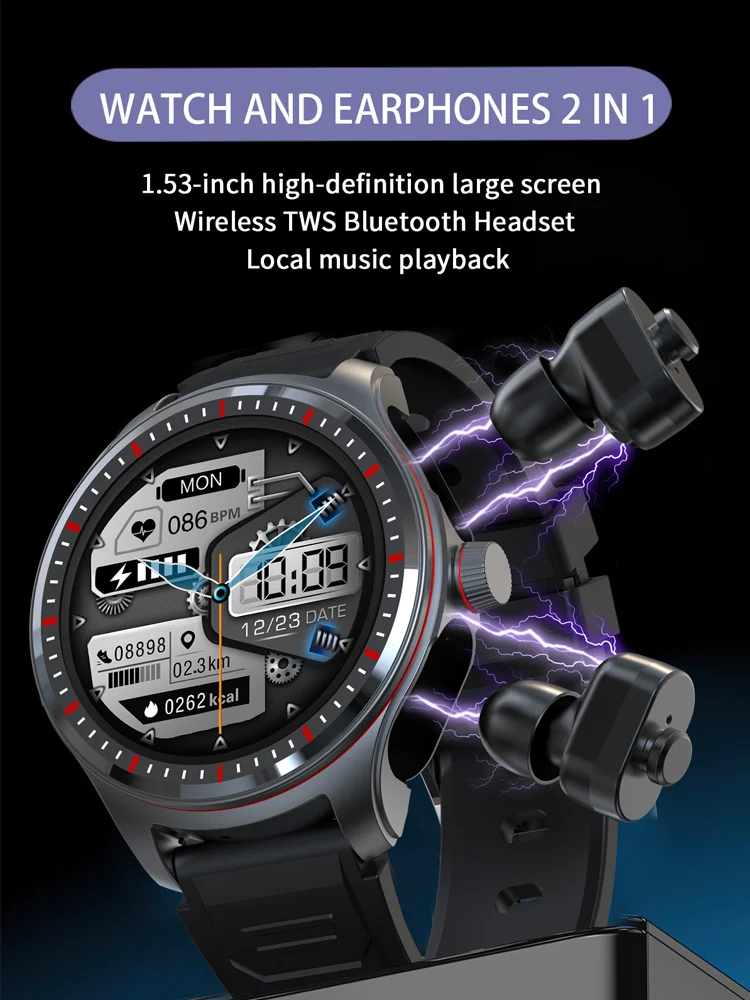 Jam tangan pintar pemilik waktu headset Bluetooth 2 In 1 baru jam tangan panggilan pemutar musik nirkabel TWS jam tangan latihan pemantau denyut jantung