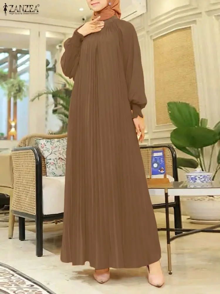 

ZANZEA, осенний элегантный однотонный плиссированный сарафан с длинными рукавами, халат Femme, женские платья макси, мусульманское платье Абая, хиджаб, длинное платье, кафтан