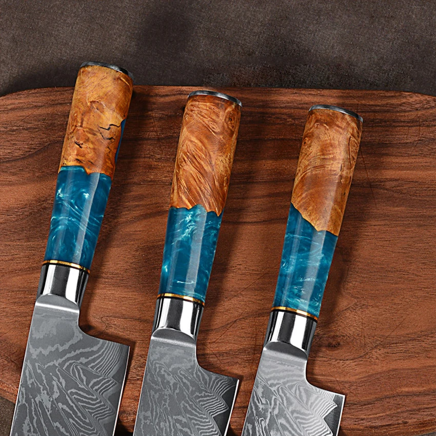 Damascus Kitchen Knife Chef Japanese Knife High Carbon Steel Butcher Knives Utility Slicing Santoku Cooking with Resin Handle