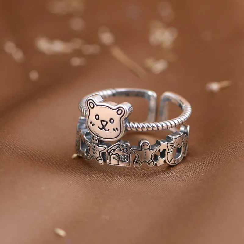 

BOCAI NEW S925 Silver j Simple And Fashionable kitten Patterned Women's Ring, adjustable