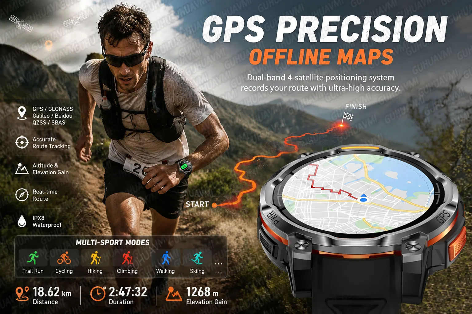 New Upgrade GPS Offline Map Position Smart Watch 1200mAh Battery IPX8 Swim Heart Rate 1.46”AMOLED Screen Men Women Fitness Watch