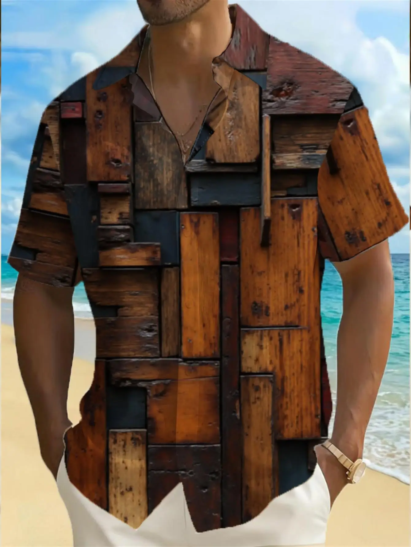 Men's Shirt Vintage Wood Plank Splicing 3D Print Short Sleeve Cuban Collar Casual Hawaiian Tops Men Clothing