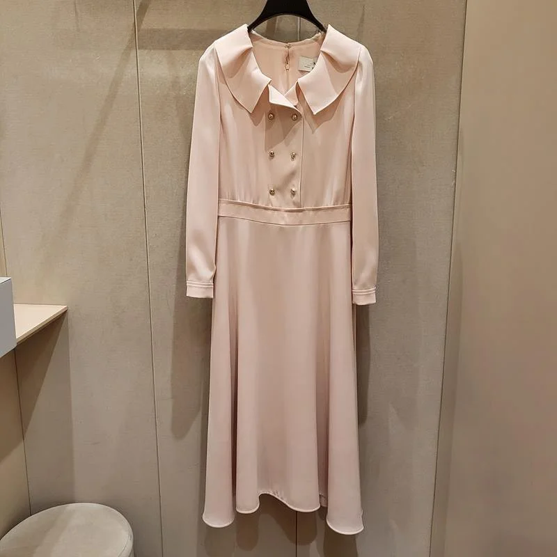

Ele Lady MICOAT Pure Original Soft A-Line Midi Dr with Stand Collar Double Button Closure Spring Faion Ladies Skirt