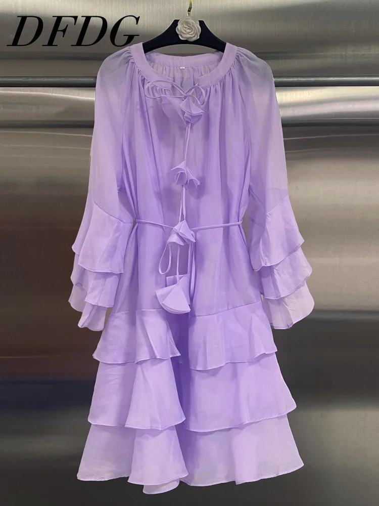 

DFDG Women’s 2025 Purple 3D Floral Ruffle Mini Dress Layered Hem Tie Waist Round Neck Short Dress Spring Summer Casual Dress