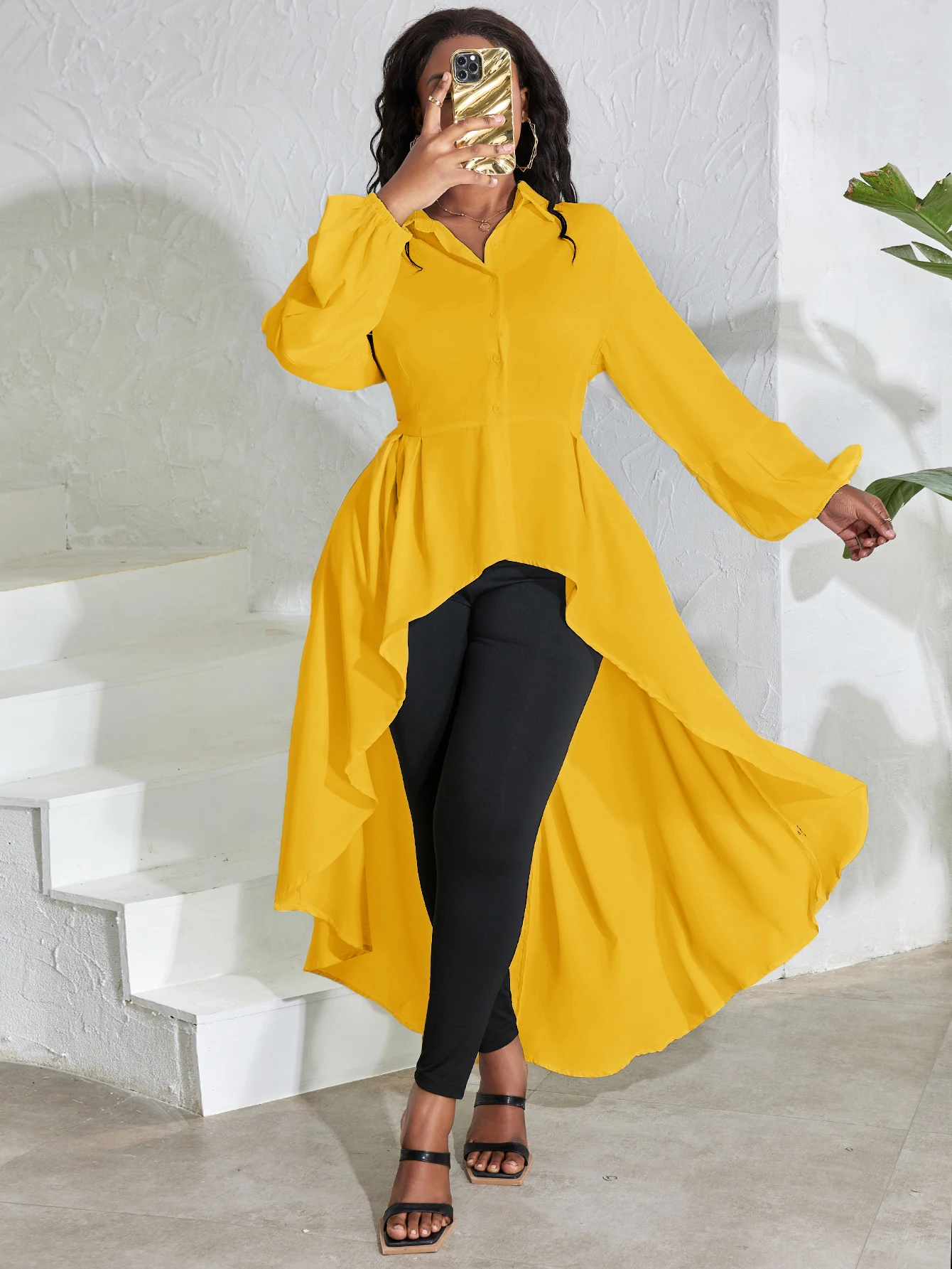 LW Plus Size Ammetrical A Line Blouse Dress Long Sleeve T-shirt Plain  Maxi Dresses Lapel Neck Button Elegant Office Vestidos