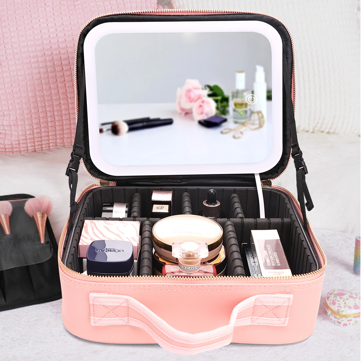 LED Lighted Cosmetic bag With Mirror Professional Makeup Case For Women Large Capacity Female Waterproof PU Travel Makeup Bags