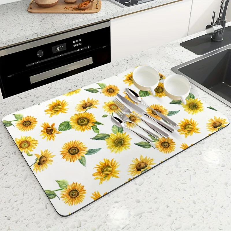 Black Background Sunflower Kitchen Drain Mat,Coffee Machine Counter,Dish Tableware Draining,Non Slip,Quick Dry,Present