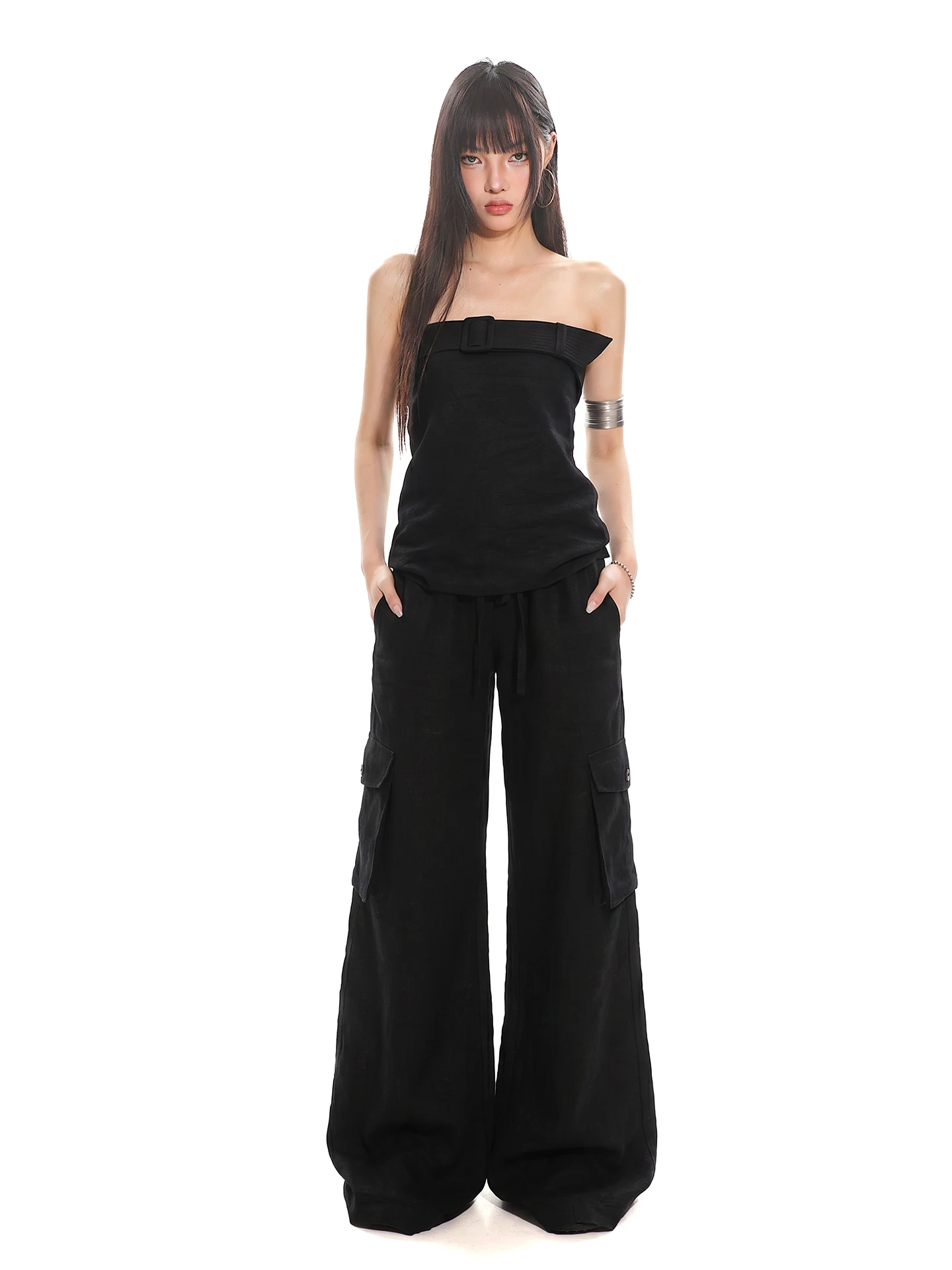 UNCMHISEX Black One-Shoulder Zipper Slim Fit Women's Top Exposes Skin for Slimming Effect Summer Fashion Casual Wear