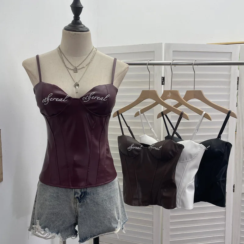

Letter Printing with Chest Pad Pu Leather Sling Vest Slim Spice Girl Sleeveless Y2k Top