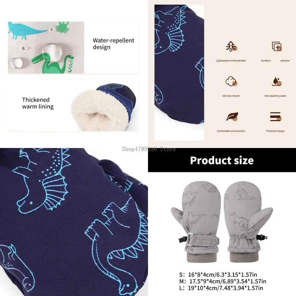 

Windproof Children Warm Snow Gloves Print Dinosaur Pattern Thicken Thermal Mitts