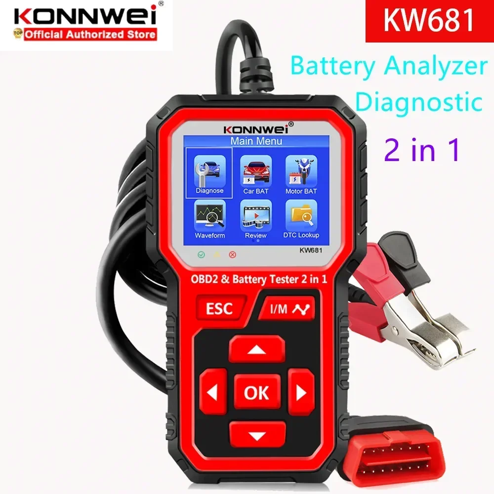 KONNWEI KW681 Automotive Battery Tester OBD2 Scanner For Car Motorcycle 6v/12v Car Battery Analyzer Car Diagnostics Maintain Too