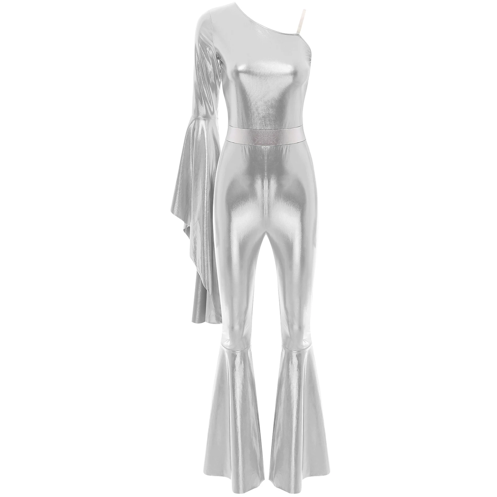 

Women's Jazz Ballroom Disco Dancing Jumpsuit Shiny Metallic Single Sleeve Bodysuit Flared Bell Funky Uniforms Ballroom Dancewear