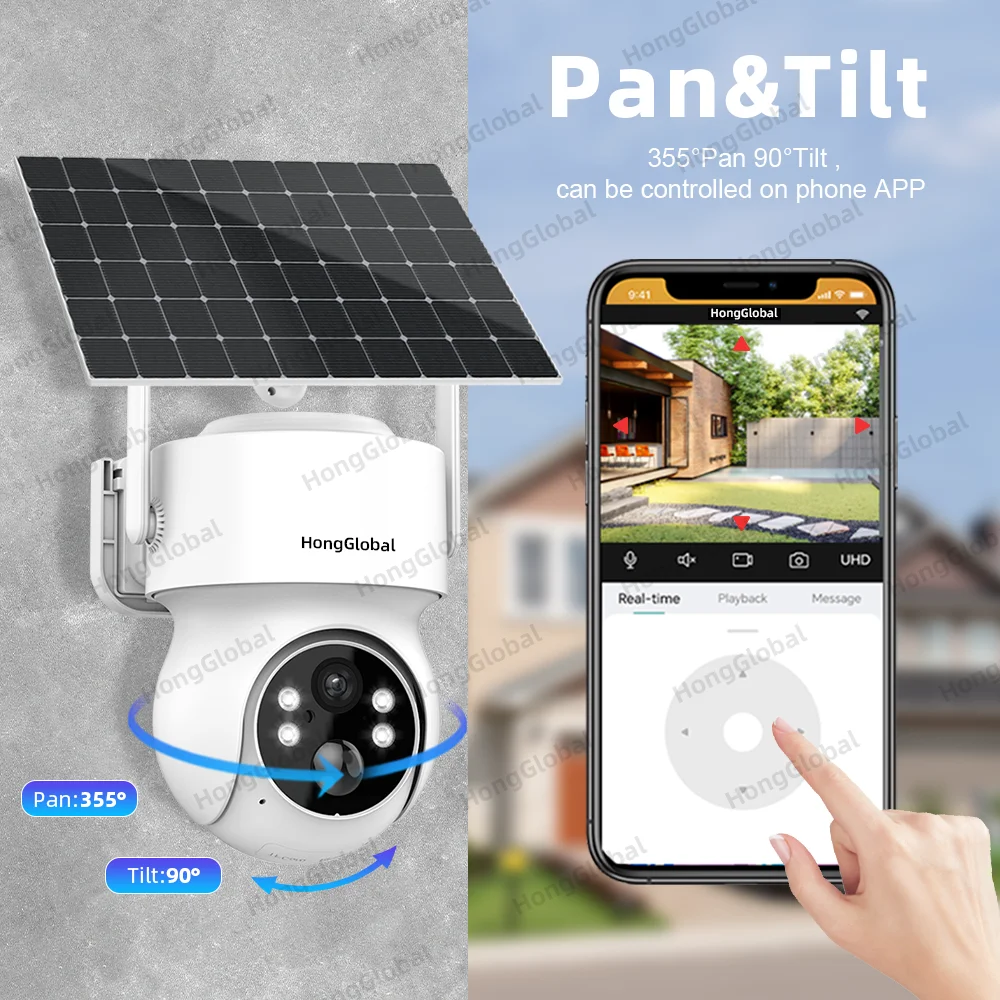 HongGlobal 4MP Outdoor Wireless Solar Panel Home PTZ IP Camera ICSee Solar Surveillance 360 Degree Power WiFi Security CCTV Came