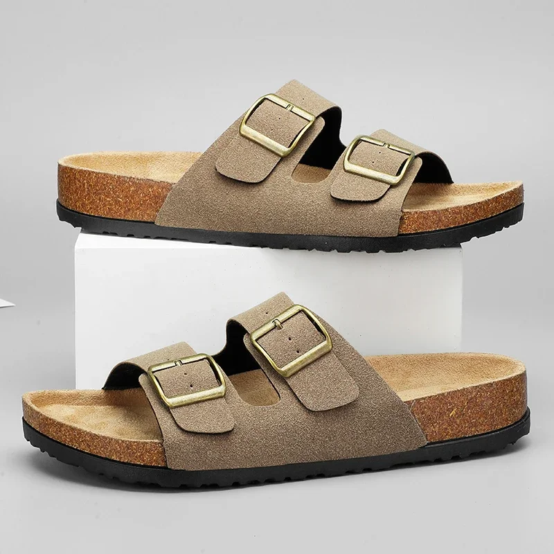 Summer Cowhide Leather Men's Double Button Casual Slippers Outdoor Men's Women's Beach Slippers Men Shoes