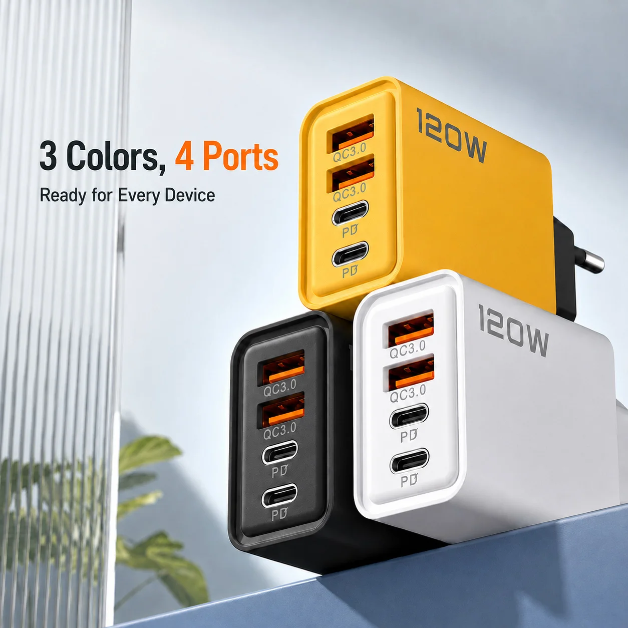 120W USB C Charger 4-Port Fast Charging, Dual PD + QC for iPhone, Samsung, Xiaomi, Huawei, iPad, Multi-Device Wall Charger EU