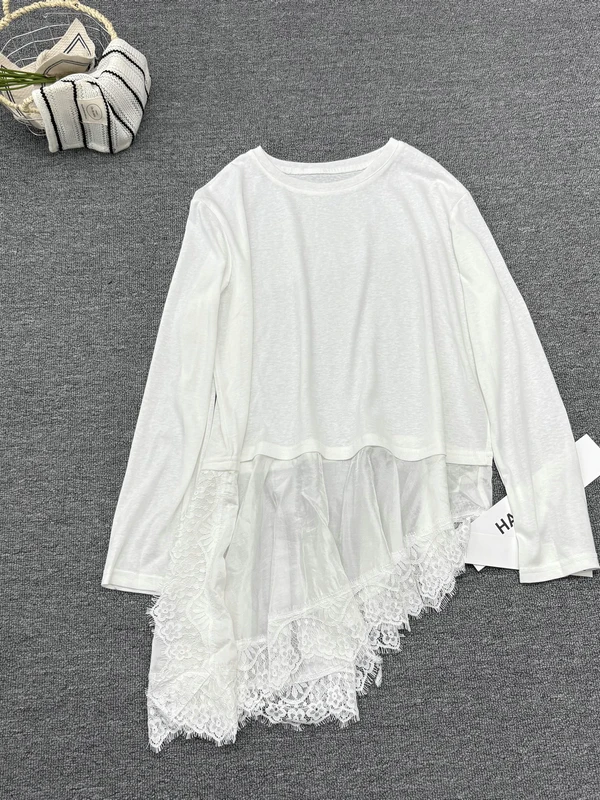 

Elegant Lace Splice Long Sleeve T-Shirt Women's Fashion Asymmetric Hem Layered Top Casual Style Straight Cut Korean Meteor Brand