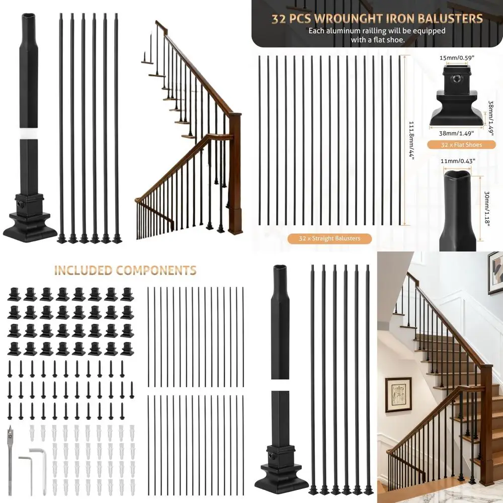 

Набор из 32 внутренних балясин для лестниц, 44 x 1/2 дюйма, квадратные черные железные стойки с крепежными пластинами