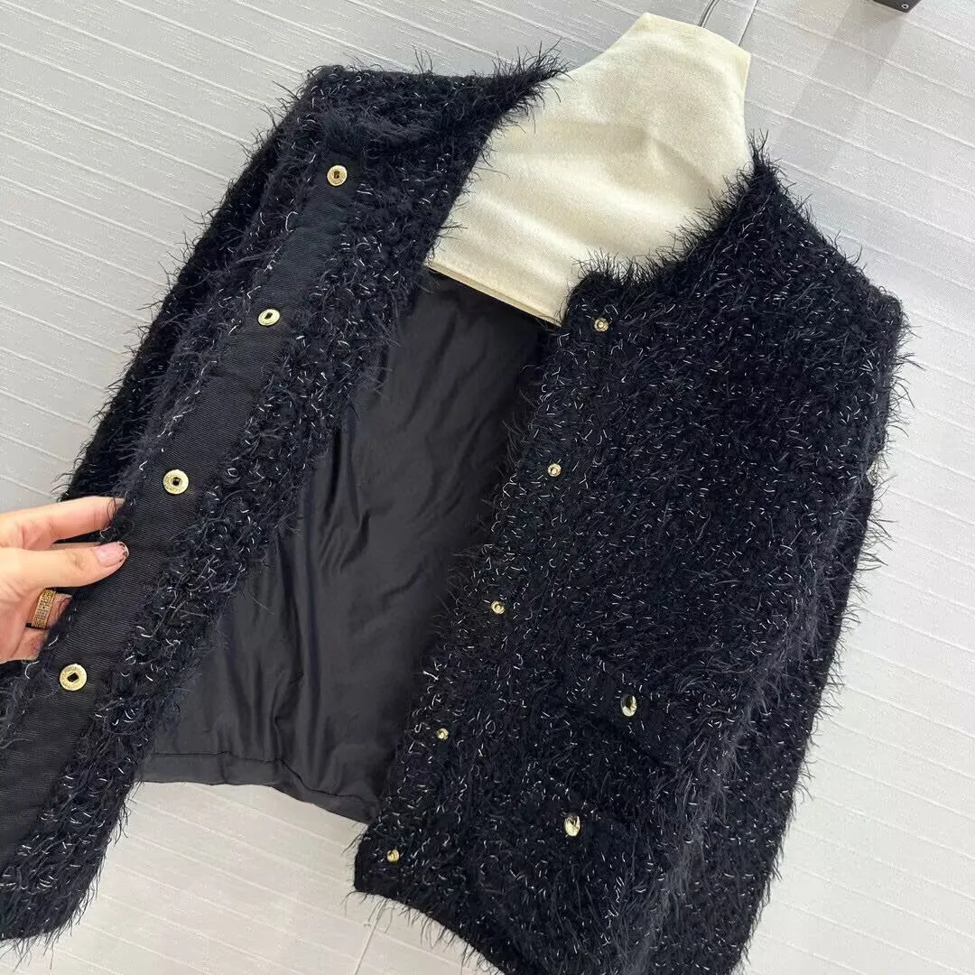 2024 New Fashion Fall Winter Mohair Knitted Patchwork Back Goose Down Coat Women O-neck Gold Buttons Pockets Solid Color Jacket