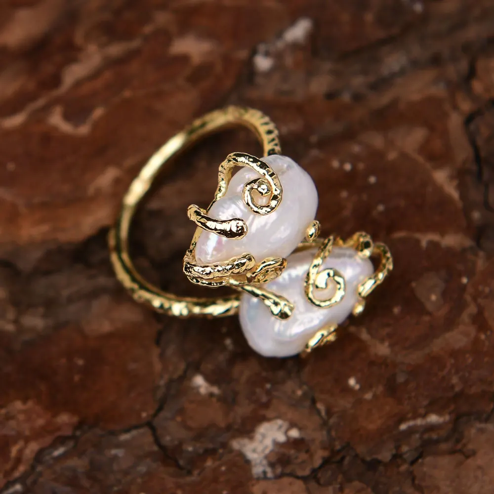 G-G Cultured White Keshi Pearl Coin Pearl Adjustable Rings Gold Plated Copper Metal Ring For Lady