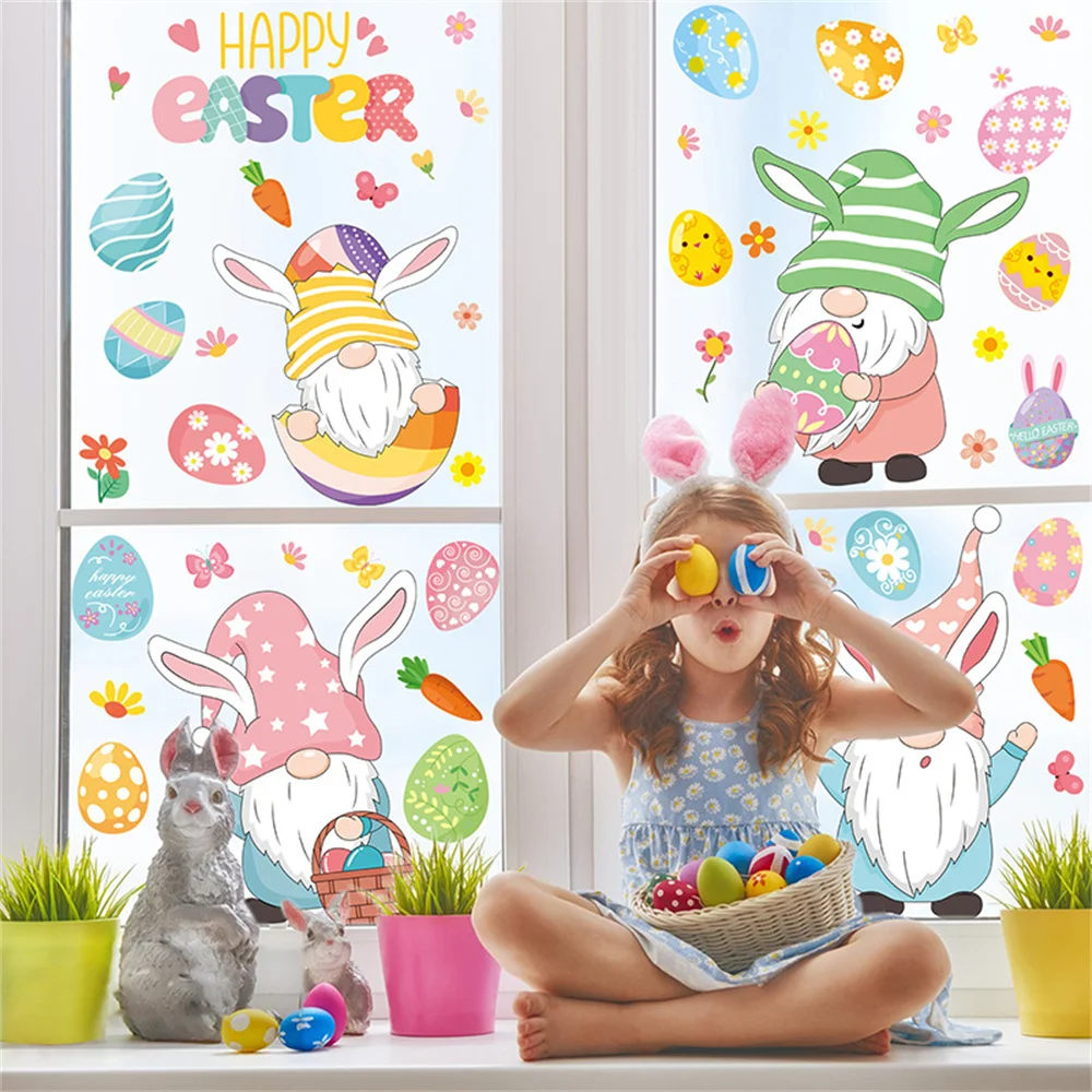 2024 Easter Window Stickers Rabbit Bunny Colorful Egg Wall Decal Ester Decorations for Home Happy Easter Party Window Sticker