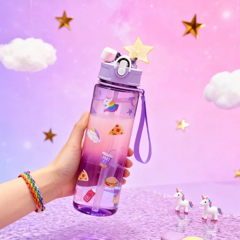 Cartoon 750ML Straw Water Bottles Lifting Rope Leak-Proof Children's Water Cup Portable Drink Cup Coffee Tea Juice