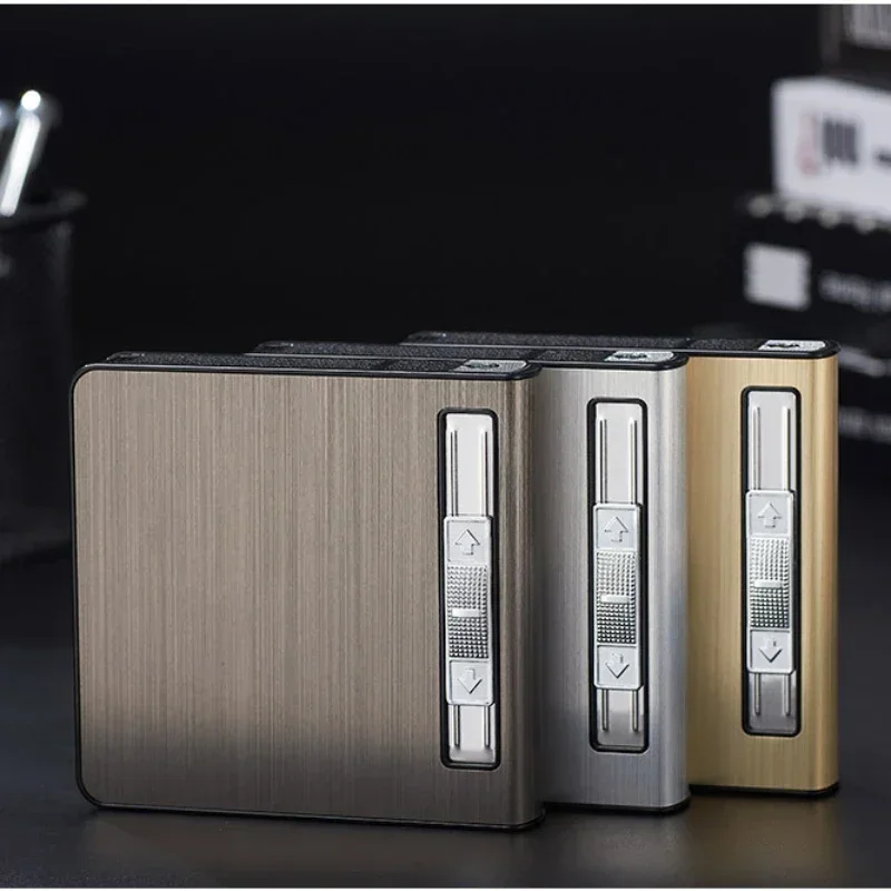 2024 Automatic Pop-Up Cigarette Case with Inflatable Lighter Holds 20 Cigarettes Anti-Pressure Metal Cigarette Case Gift for Men