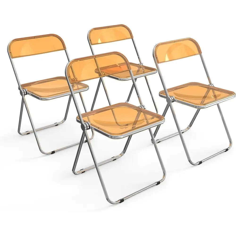 Clear Acrylic Stackable Dining Chairs, 4-Pack, Plastic & Metal Chrome, Holds Up to 350 lbs, Orange