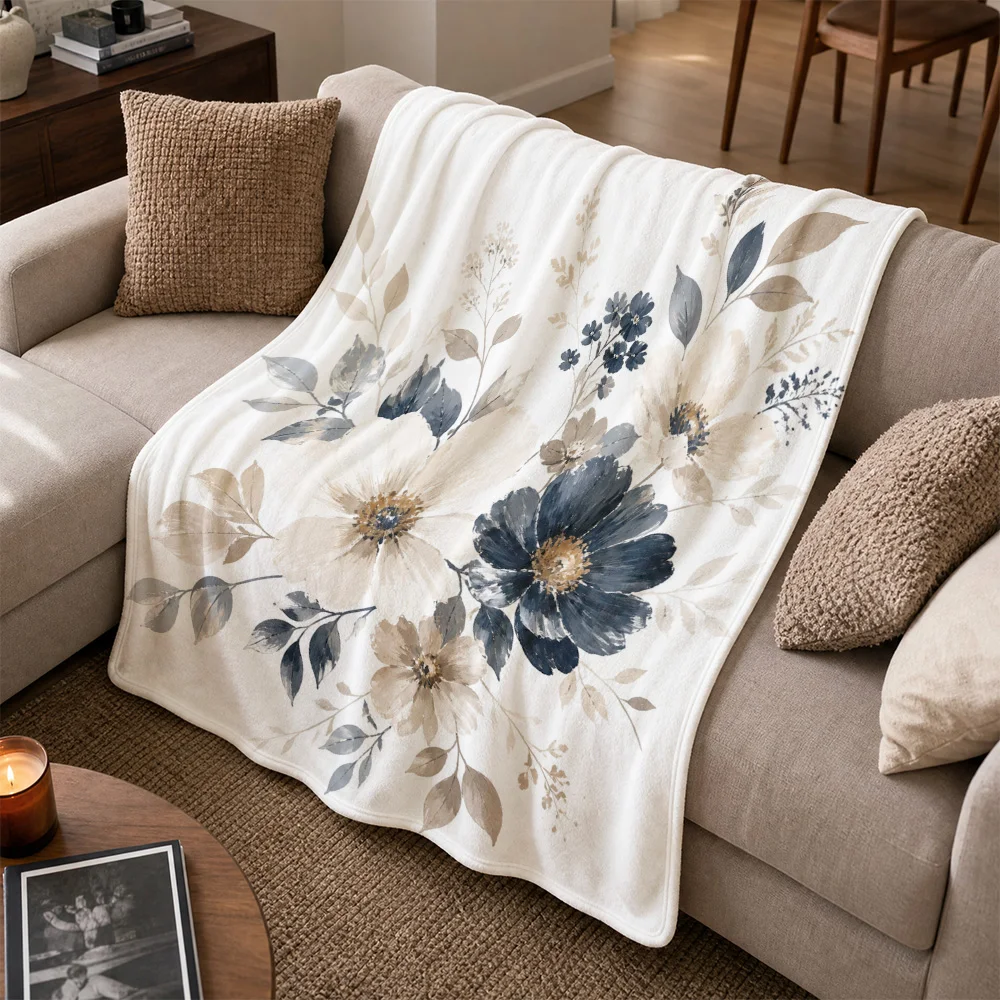 Romantic Botanical Floral Print Throw Blanket Sofa Couch Decor Cozy Chunky Washable Home Living Room Accent Textile