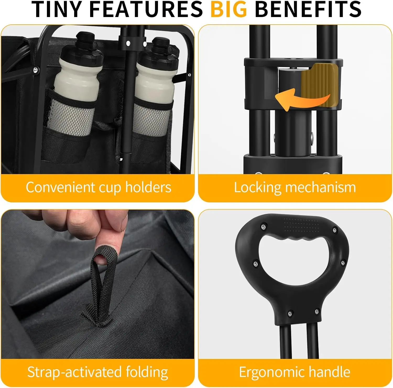 Klappwagen mit großem Fassungsvermögen für Strand, Sport, Einkaufen, Camping – robuster tragbarer Wagen mit 1 Jahr Garantie (Mattschwarz)