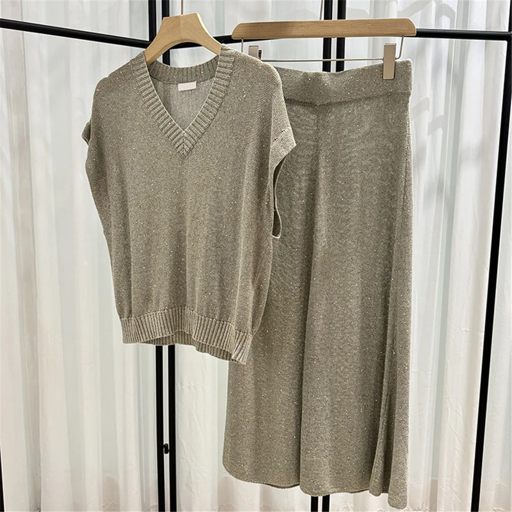 Women\'s Sequin Skirts Suit, V-Neck Pullover Sweater, Elastic Waist, A-Line Skirt, 2 Piece Set, B * C Clothing, 2024