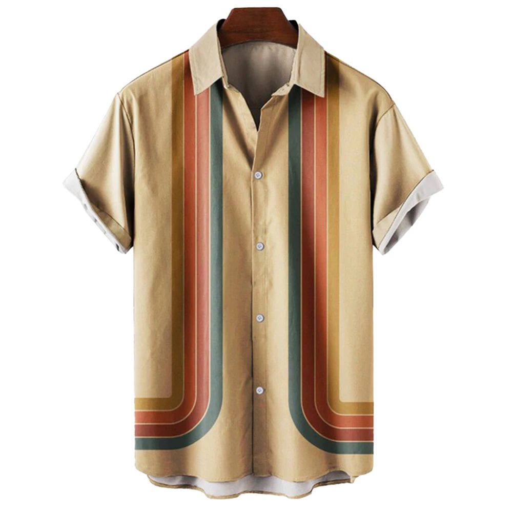 

Mens Ethnic Style Summer Oversized Stripe Short Sleeve Shirt Blouse Collared Button Down Shirts Tops Casual Hawaii Men's Shirts