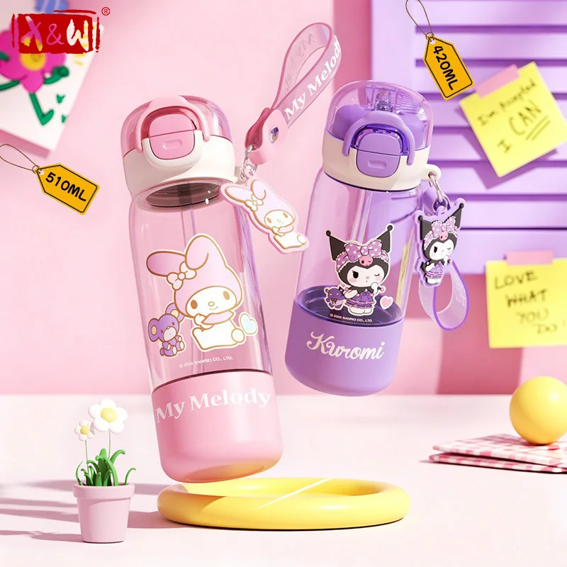 X&W Sanrio Straw Cup Leak-proof Double-drinking Water Bottle Cartoon Kuromi Space Cup with Carry Rope Outdoor/School Drink Cups
