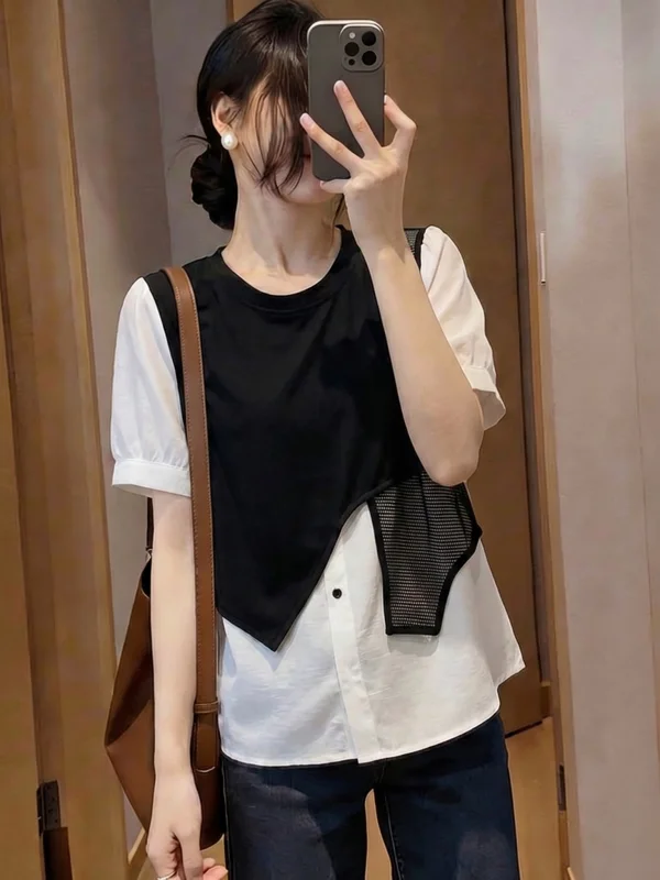

Elegant Short Sleeve Asymmetrical Shirt Women's Summer New plus Size Big MM Fake Two-Piece Top Comfortable Korean Style Blouse