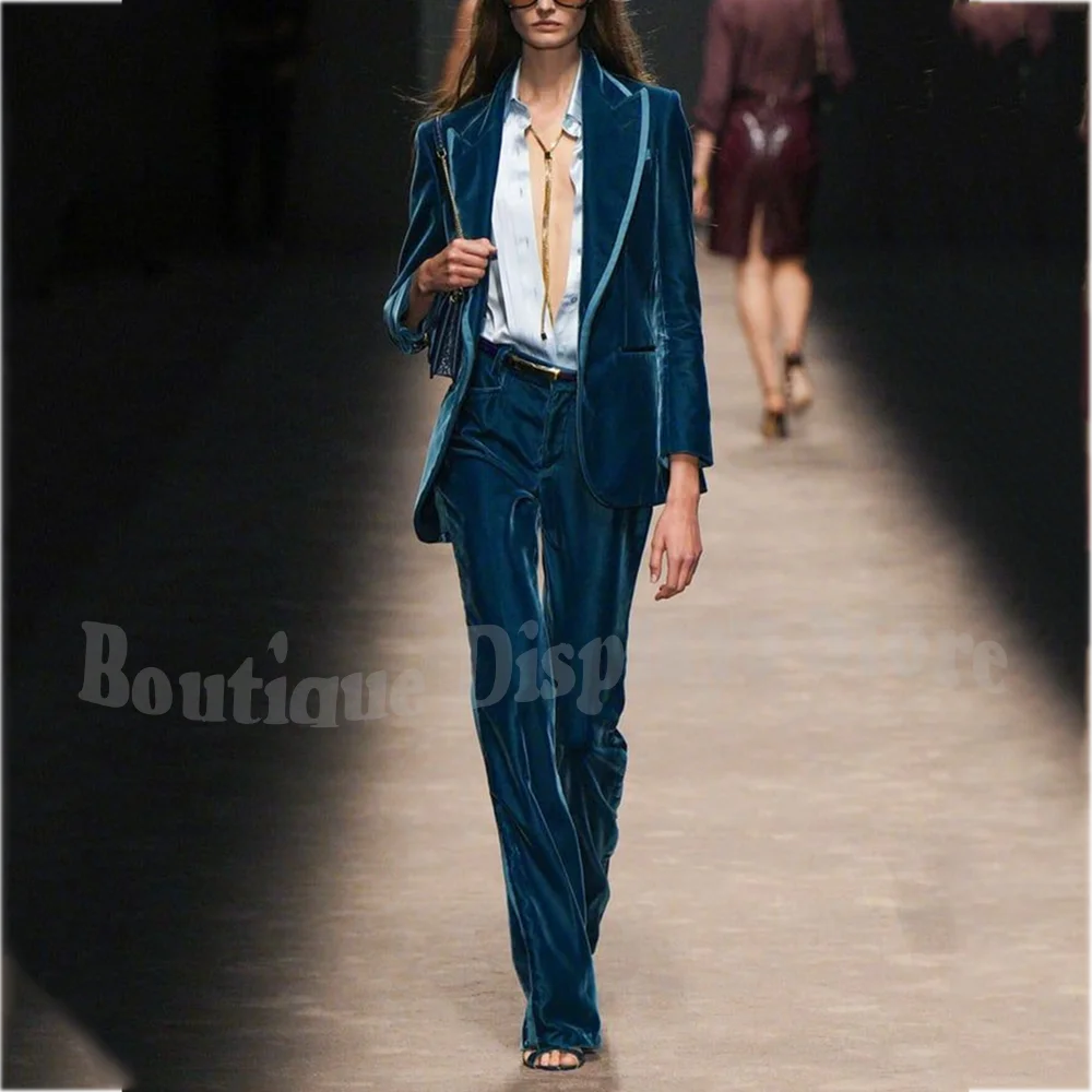 

Blue Velvet Women‘s Suits Two Pieces Classy Peaked Lapel Modern Style Slim Fitted Casual Daily Female Outfit Customized