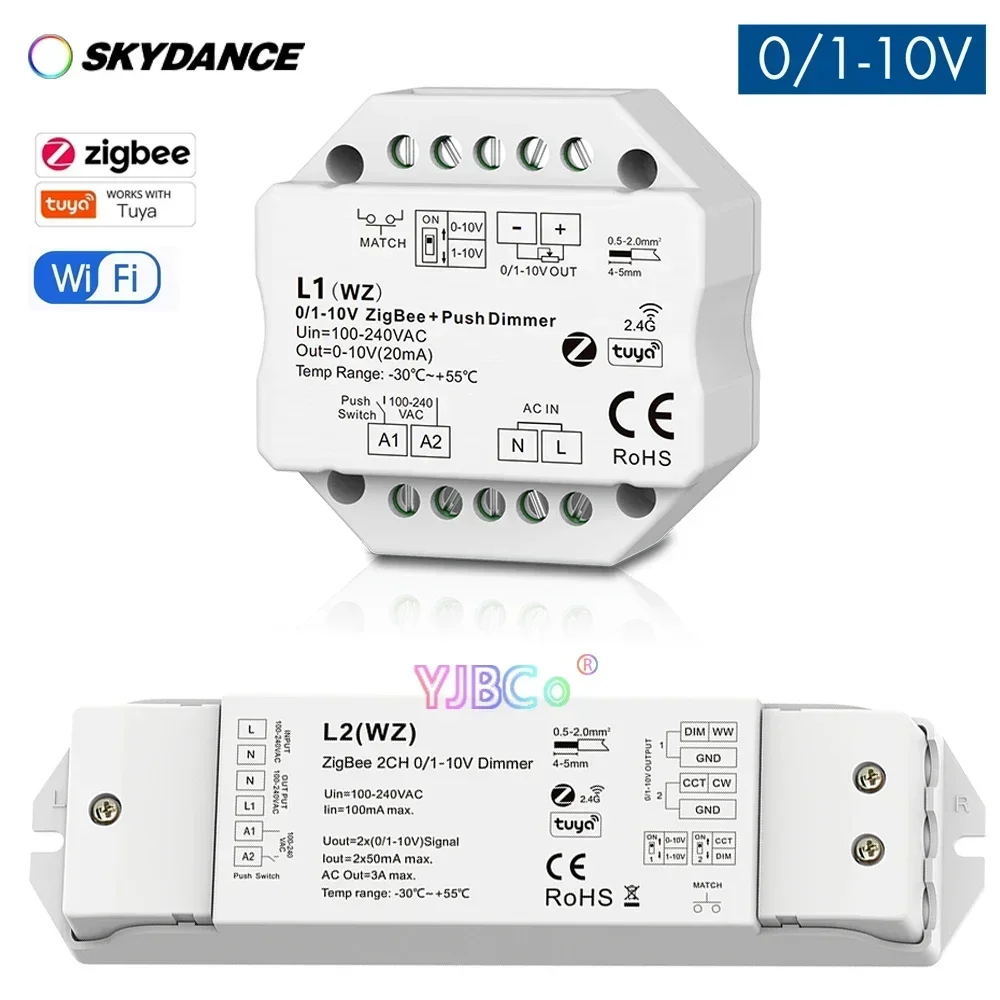 1CH/2CH 0/1-10V ZigBee AC Push Dimmer Tuya 0-10V контроллер подключается к 0/1-10V диммируемым драйвером RF 2,4G пульт дистанционного управления с затемнением