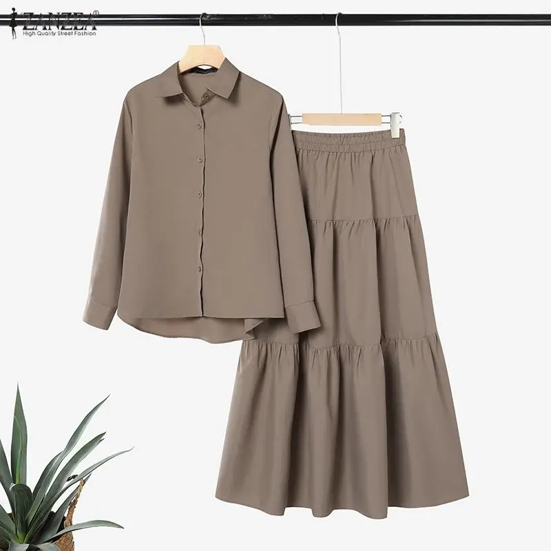 ZANZEA Muslim Modest Womens Skirt Suits Hijabis Long Sleeve Shirt & Tiered Long Skirt 2 Pieces Sets Islamic Daily Casual Outfits