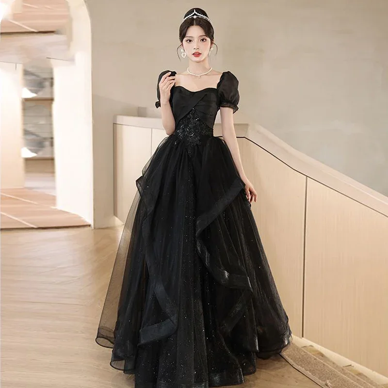 

Sweet Memry Black Evening Dress Party Tulle Floor-Length Short Puff Sleeve Ball Gowns Famous Lady Cake Prom Dress