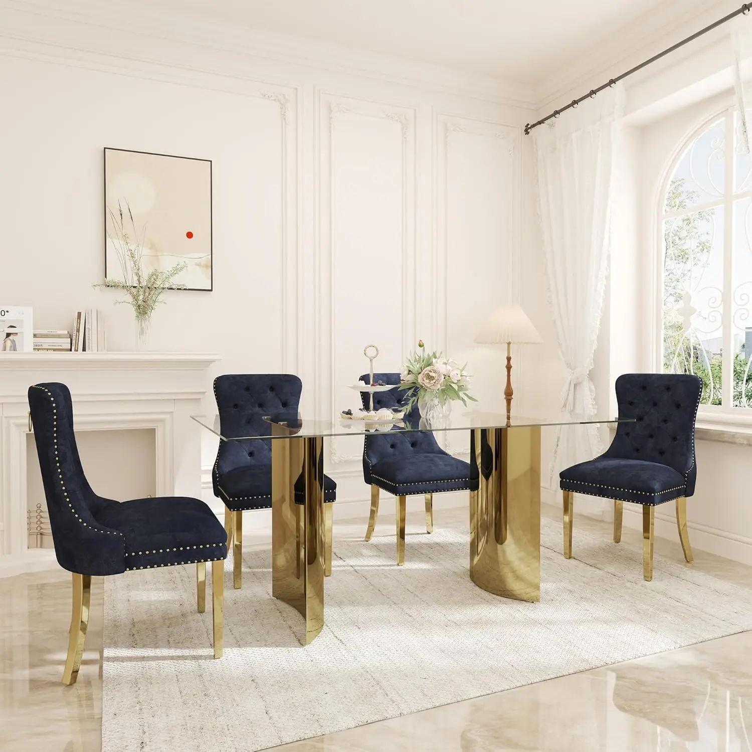 

Glass Dining Table Set for 4, 63" Gold Rectangle Tempered Glass Table and 4 Black Velvet Dining Chairs, Modern 5 Piece Glass Din