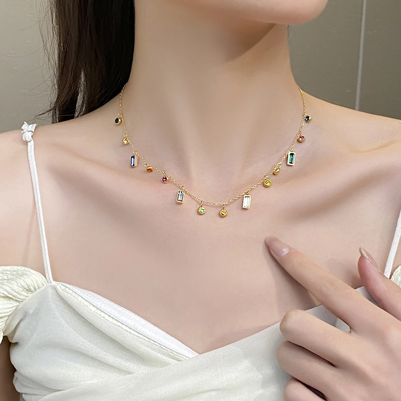 Leichter, luxuriöser Edelstahl, bunter Zirkon, Dopamin, kurze Kragenkette, 2025, farbloser Schmuck für Damen-Halsketten-Zubehör – Detail 4